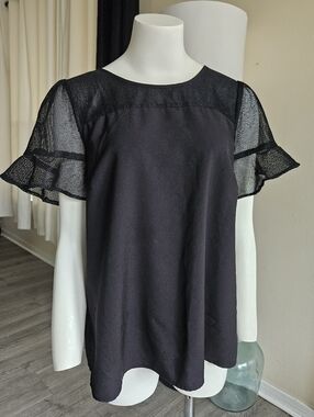 3/$6 Alythea Mesh Ruffle Sleeve Casual Blouse Top - size L , Black